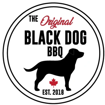 Logo for The Original Black Dog BBQ with a black dog silhouette and a maple leaf.