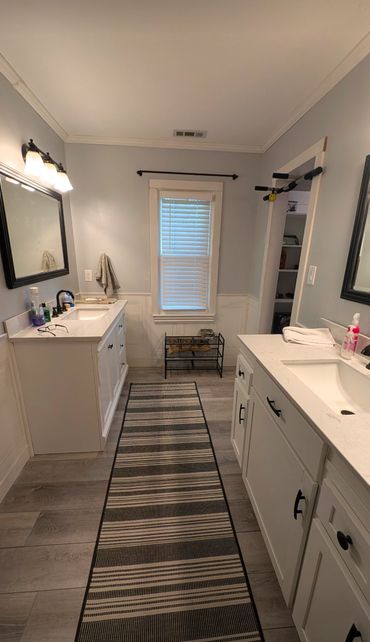 Bathroom upgrade! Replace 2 vanities, install new sinks, drains and hang mirrors and currain rods