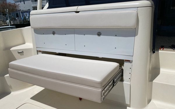 Pursuit boat seating. Two tone Sunbrella marine vinyl. Top stitching. Lifetime thread.