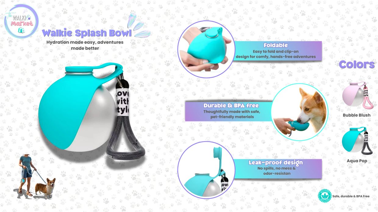 Walkie Splash Bowl: a foldable, durable, leak-proof pet water bowl for hydration on the go.