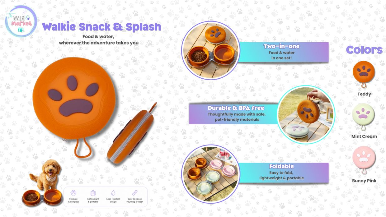 Walkie Snack & Splash portable pet food and water set, foldable and BPA free.