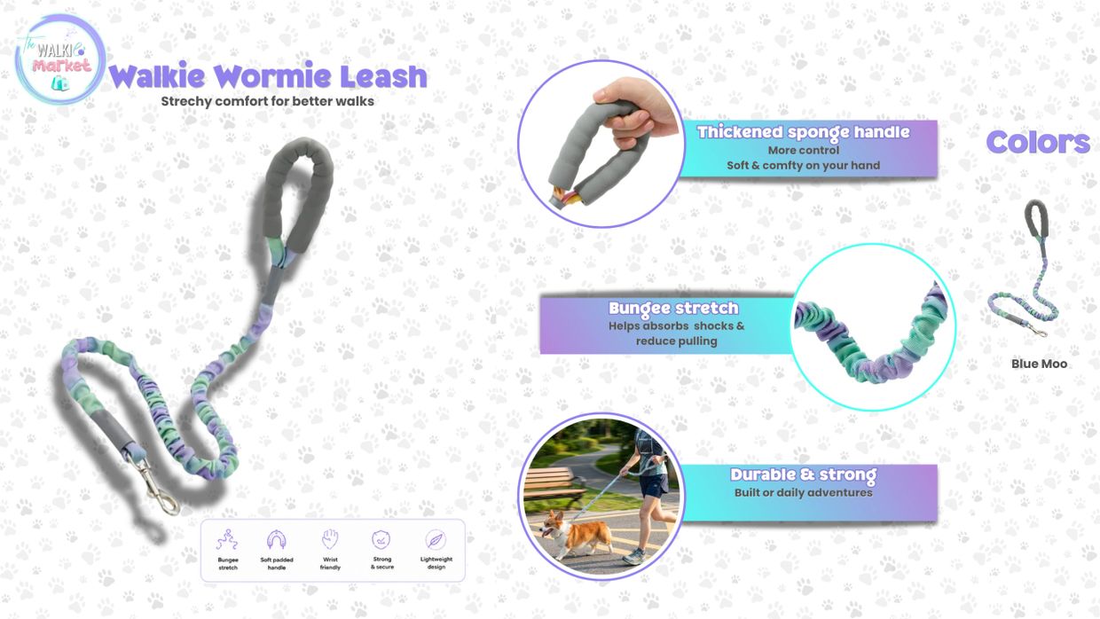 Walkie Wormie Leash with thickened sponge handle for comfort and bungee stretch to reduce pulling.