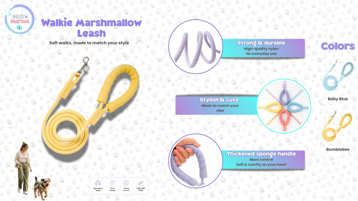Walkie Marshmallow Leash: strong, stylish, and comfy dog leash in vibrant colors.