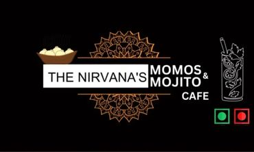 Logo of The Nirvana's Momos & Mojito Cafe with momos and mojito illustrations.
