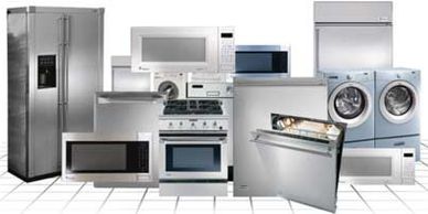 multiple  large appliances piled in a plain white room fridge,freezer,dryer,washer,oven microwave,