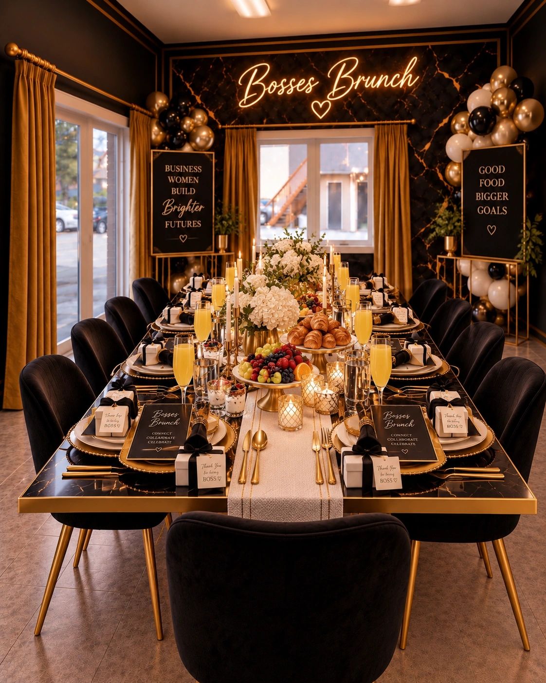 Elegant "Bosses Brunch" table setup with gold and black theme.