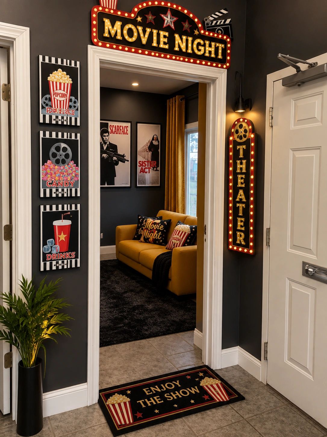 Movie night themed home theater entrance with vintage signs and cozy seating.