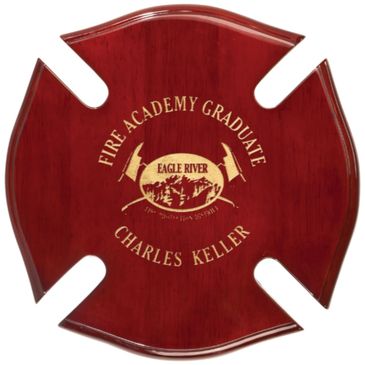 Red fireman's cherry wood plaque with gold lettering