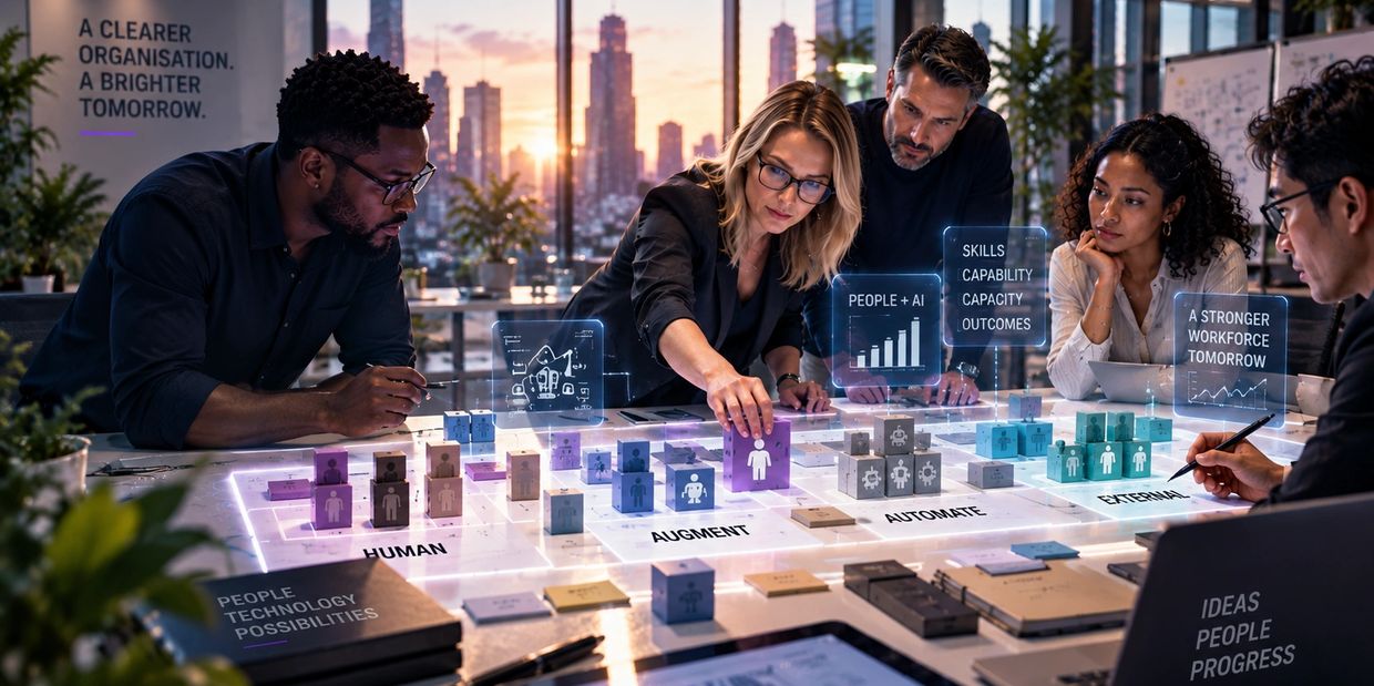 Team strategizing with AI-powered business model on illuminated table.