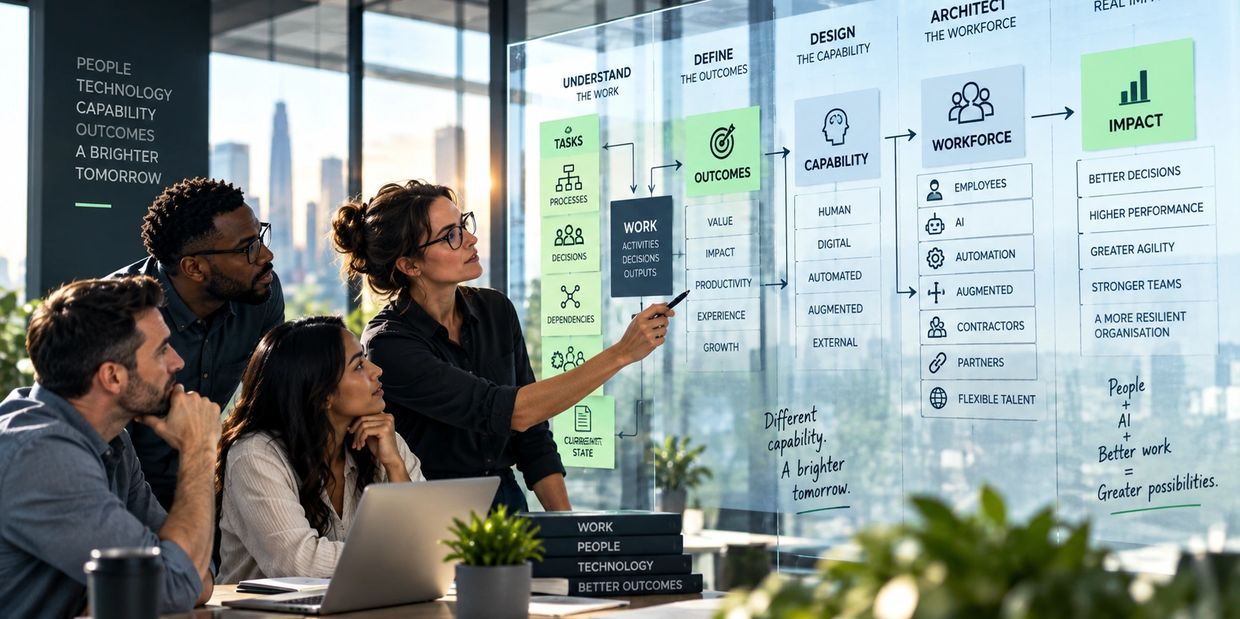Team discussing business strategy on a transparent board.