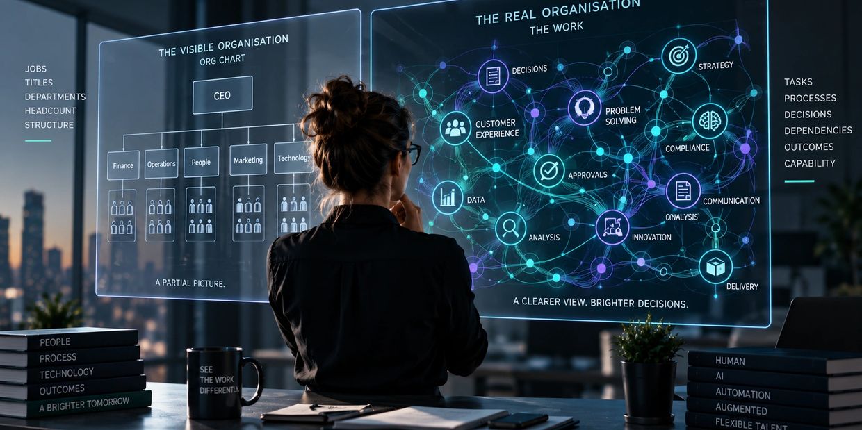 Woman analyzing futuristic digital organizational charts in an office.
