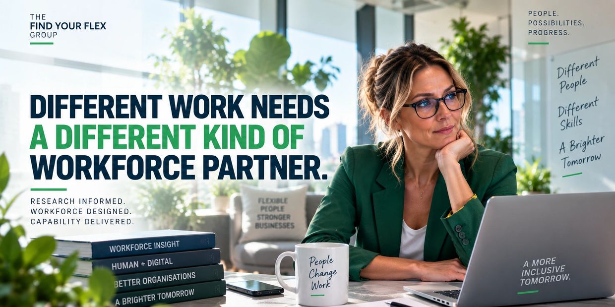 Woman working on a laptop in a modern office with motivational text about workforce partners.
