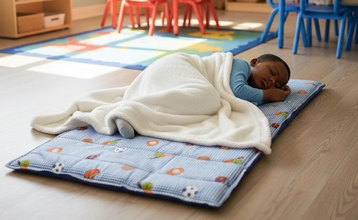 Child sleeping on a nap mat.