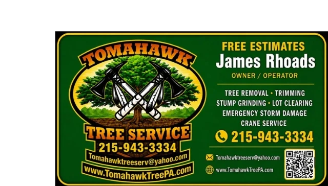 Business card for Tomahawk Tree Service with contact details.