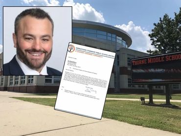 Image of Thorne Middle School with inset of a man and official letter.