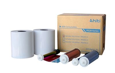 HiTi P520 Series printer consumables with film rolls and paper rolls.