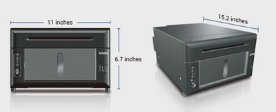 Compact printer with dimensions 11x6.7x15.2 inches in black.