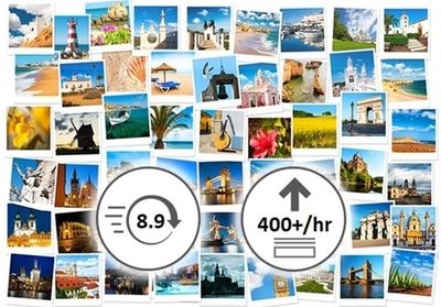 Collage of diverse travel photos with speed and upload icons.