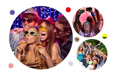 Collage of friends enjoying parties with drinks, colors, and celebrations.