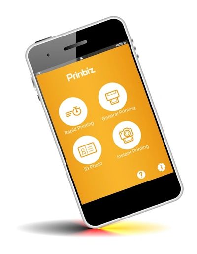 Smartphone displaying a printing app with four options on an orange background.