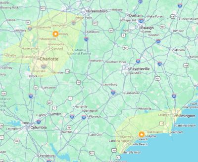 Map highlighting Charlotte and Myrtle Beach service areas with marked star icons.