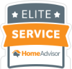 Elite Service badge from HomeAdvisor with stars and house icon.