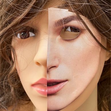 Photograph of a woman's face -half woman and half doll to publicise From Girl to Doll installation