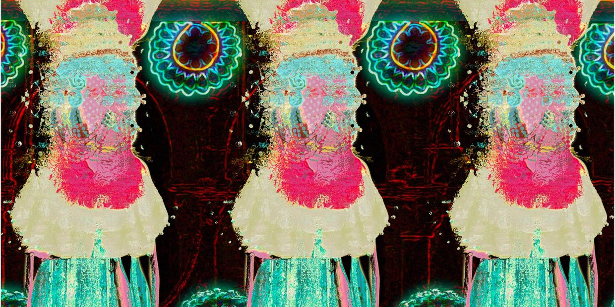 Abstract digital art with vibrant neon colors and symmetrical patterns.