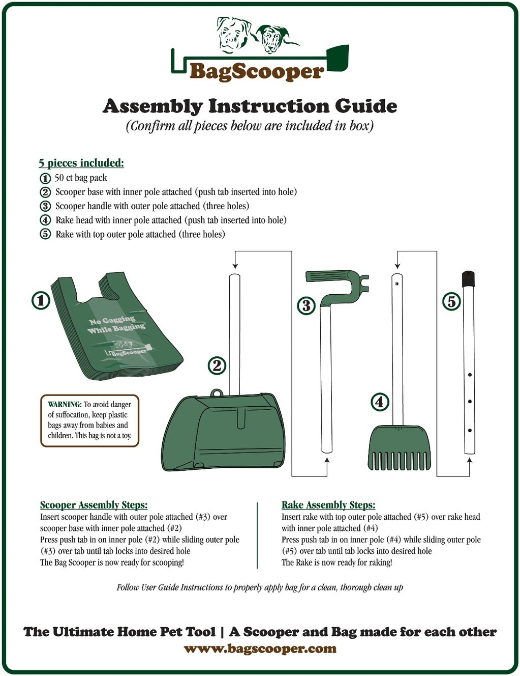 Easy Instructions Guide on how to assemble the Bag Scooper pooper scooper out of the box.