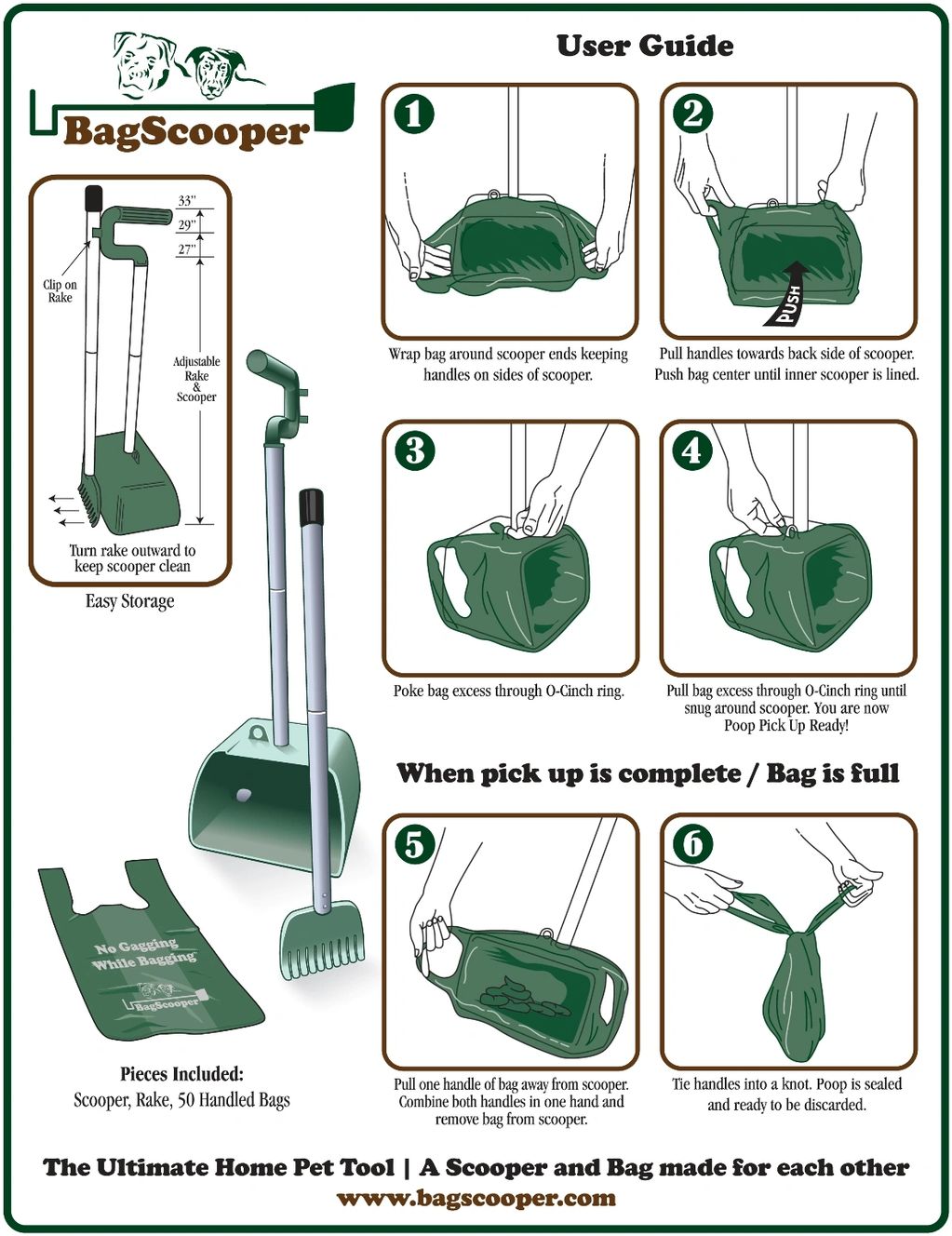 Instructions on how to apply plastic waste bag to Pooper Scooper bucket.