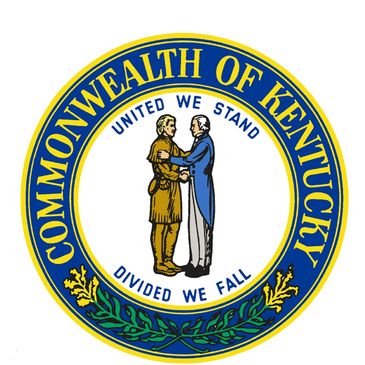 Seal of the Commonwealth of Kentucky with two men shaking hands.