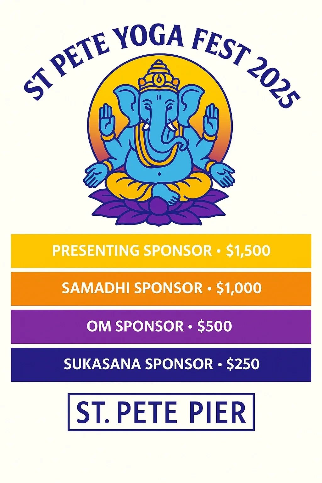 Colorful St Pete Yoga Fest 2025 logo with sponsorship levels and location details.