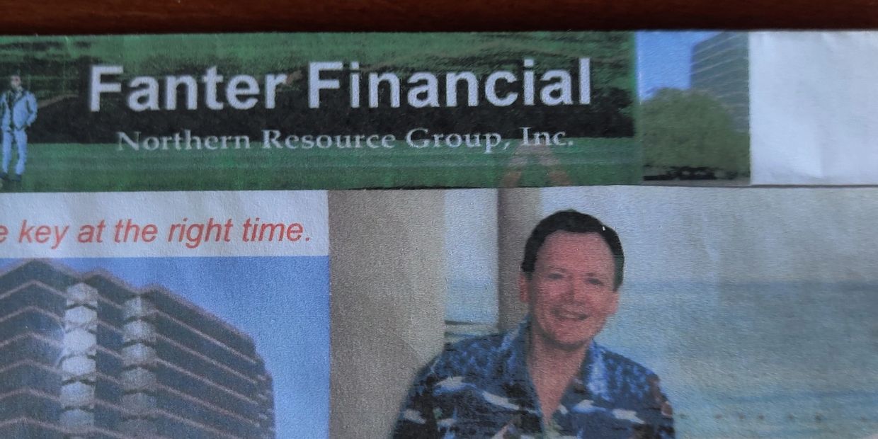 Fanter Financial Northern Resource Group advertisement with a man in a blue patterned shirt.
