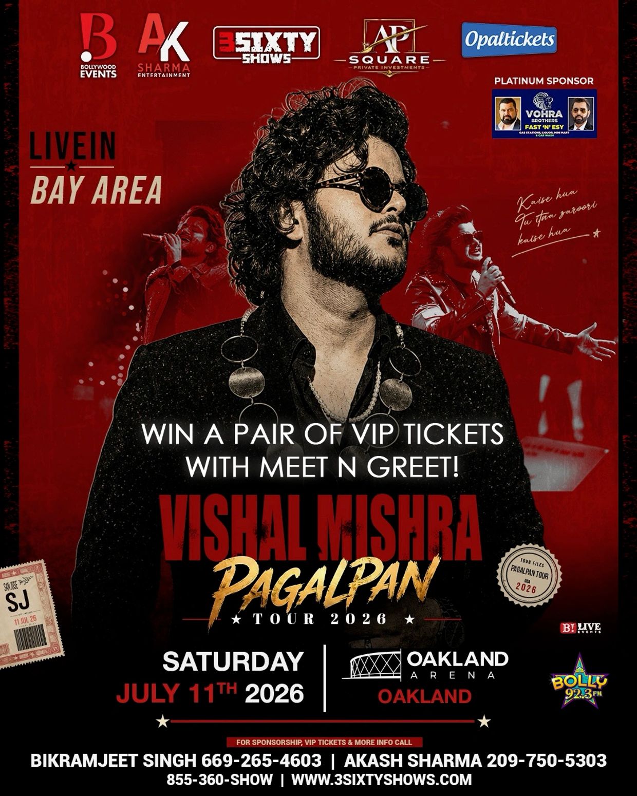 Vishal Mishra's Pagalpan Tour 2026 in Oakland on July 11 with VIP tickets and meet n greet.