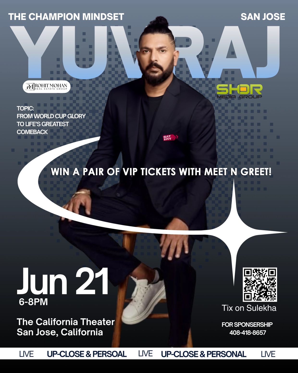 Yuvraj event poster promoting a talk on his comeback and VIP ticket giveaway.