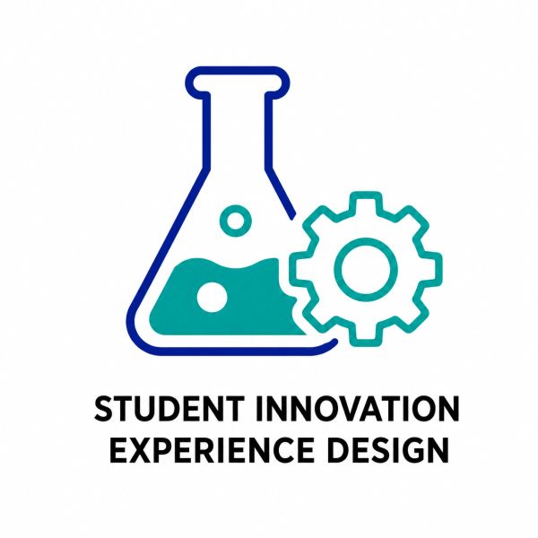 Logo with flask and gear symbol for student innovation design.