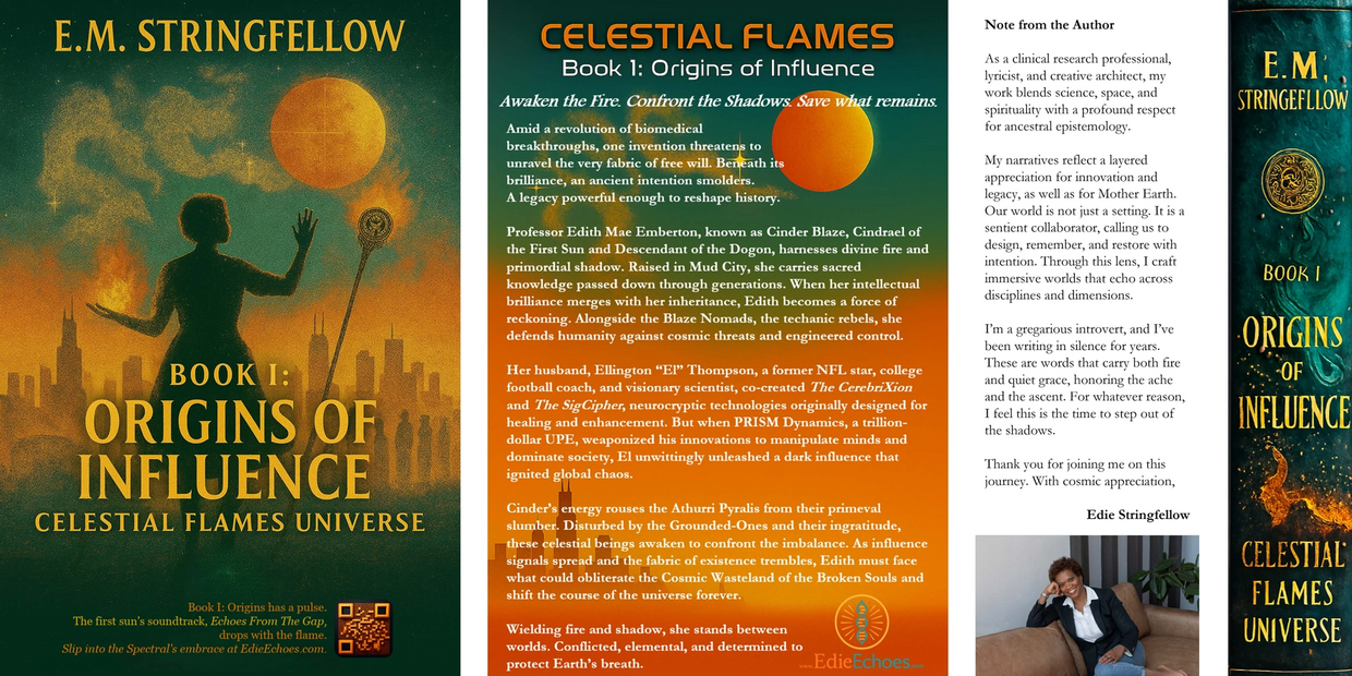 Book cover of 'Origins of Influence' by E.M. Stringfellow with a silhouette wielding fire magic against a city skyline.