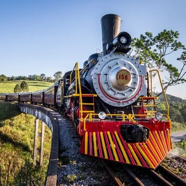 Vintage steam locomotive number 156 traveling on a curved track through green countryside.