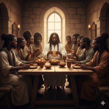 A diverse group shares a solemn meal in a warmly lit ancient room.