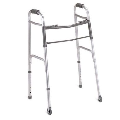 Lightweight aluminum walker with two front wheels and rubber grips.