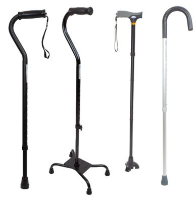 Four different styles of walking canes for support and mobility.