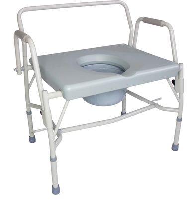 Portable commode chair with armrests and adjustable legs, designed for mobility assistance.