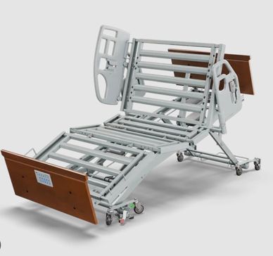 Adjustable hospital bed frame with wooden accents and caster wheels.