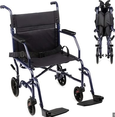 A lightweight, foldable transport wheelchair with black seat and footrests.