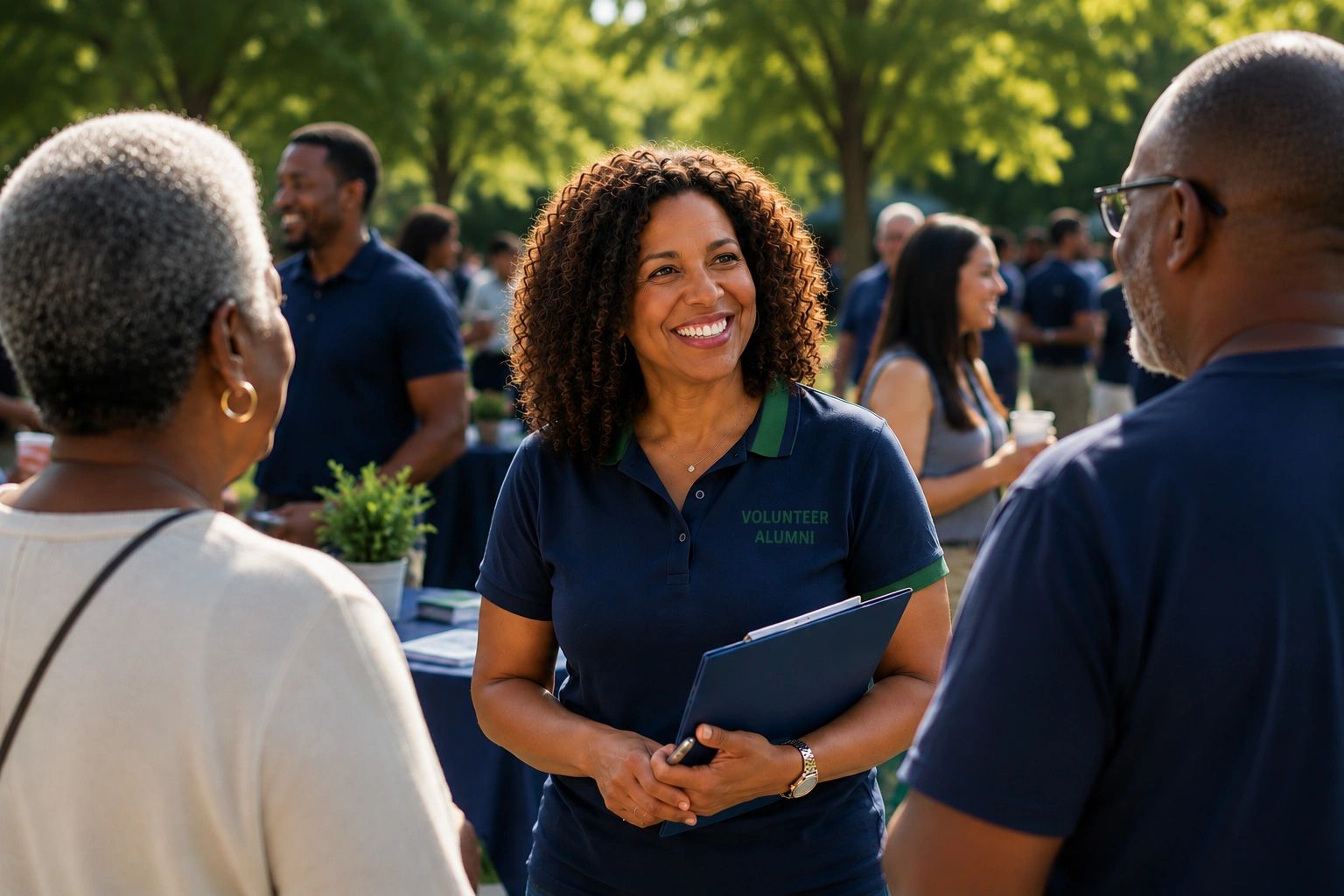 A volunteer woman talking with two people