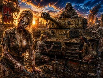 Zombie soldiers around a tank in a war-torn city.