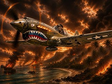 World War II fighter plane with shark mouth design.