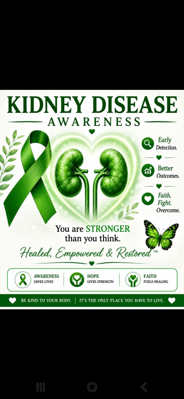 Kidney disease awareness with green ribbon and motivational message.