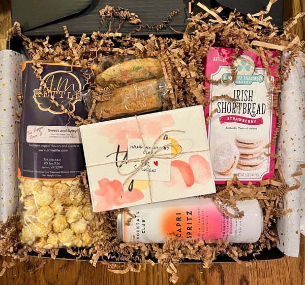Homemade in DC gift box with cookies, popcorn, a mocktail, and other goodies