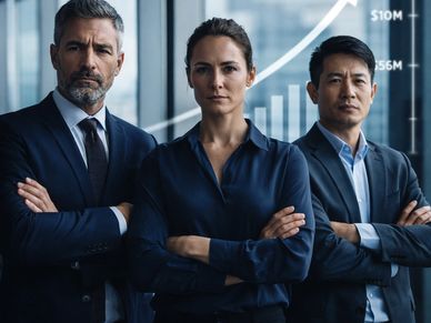 Three confident business professionals stand with arms crossed in front of a rising financial graph.